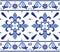 Portuguese Azulejo tile seamless vector decrative pattern with fleur de lis motif, navy blue geometric design with frame or border
