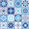 Portuguese Azulejo tiles design, seamless geometric patterns collection in navy blue and turquoise