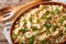 Portuguese cuisine: Bacalhau com natas in a baking dish close-up. horizontal top view