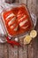 Portuguese cuisine: spicy chicken piri. vertical view from above