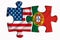 Portuguese flag and United States of America flag on two puzzle pieces on white isolated background. The concept of political