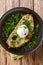 Portuguese Garlic and Cilantro Bread Soup Acorda served with poached egg close-up in a plate. Vertical top view