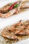 Portuguese seafood mixed traditional prawn tapas dishes on restaurant table