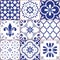 Portuguese vector tile seamless pattern, Azluejo tiles mosaic in navy blue, abstract and floral designs