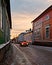 Porvoo, Finland - December 25, 2018: red vintage VW Beatle on the streets of Old historic Porvoo at blue hour sunrise