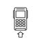 POS credit card terminal. Linear icon of payment machine with arrow pointer. Black simple illustration of wireless reader with