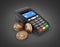 POS terminal with bitcoins concept of payment by bitcoins isolated on black gradient background 3d render