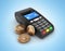 POS terminal with bitcoins concept of payment by bitcoins isolated on blue gradient background 3d render