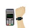 POS terminal with hand and smartwatch. Payment approved