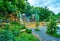 Poseidon Trident waterfalls cascade, flowing from the tall rocky cliff in English Landscape Garden, Sofiyivsky Park, Uman, Ukraine