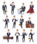 Poses business characters. Professionals male managers working sitting holding business items peoples action pose vector