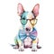 Posh Pup: A Watercolor Bull Terrier Puppy with Headband, Bandana and Glasses AI Generated