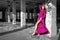 Posing asian model woman in high heels and violet luxury dress in ruined factory