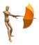 Posing wooden manikin with umbrella.