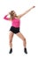Posing of young blonde active woman dancing jazz dance with stretched arm.