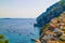 Positano panorama, ancient turret, Li galli isles and boats