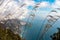 Positano - Scenic view from hiking trail on clouds covering the coastal town Positano at the Amalfi Coast, Campania, Italy.