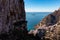 Positano - Scenic view from rock formation Montepertuso Il Buco to Positano, Amalfi Coast, Campania, Italy, Europe.