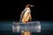 Positioned on a dissolving ice formation amidst the vastness of the sea, a penguin represents the notion of planetary warming and