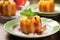 positioning bacon-wrapped diced peach on a dessert plate