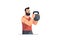 Positive bearded man with a kettlebell in his hands on a white background