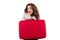 Positive beauty holding red suitcase isolated on