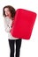 Positive beauty holding red suitcase isolated on