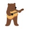 Positive brown teddy bear standing and playing guitar