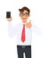 Positive business man showing new brand, latest smartphone. Man holding cell, mobile phone in hand and gesturing/making thumbs up.