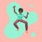 Positive character in colored clothes on an abstract stain background. A young cheerful African girl runs, dances, jumps,