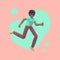 Positive character in colored clothes on an abstract stain background. A young cheerful African girl runs, dances, jumps,