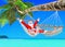 Positive Christmas Santa Claus relax in hammock at palm beach