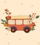 Positive composition 70s with retro bus, colorful flowers and leaves. Positive hippie symbols. Perfect for greeting