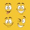 Positive emotions. Happy faces on yellow background, comic eyes brows and mouth, square cards, online emoji collection