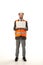 Positive engineer in safety vest holding