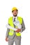 Positive engineer in suit and safety vest holding blueprints and looking at camera isolated on white