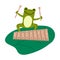 Positive green frog sitting and playing xylophone