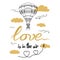 Positive hand drawn slogan Love is in the air decorated hot balloon