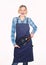 Positive housewife. food cooking recipe. Picnic barbecue. Pretty girl in chef apron. Tools for cook. Woman hold kitchen