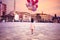 Positive image girl with balloons sunset sky