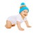 Positive little baby crawls in the knitted hat