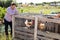 Positive male proffesional farmer standing near chicken house