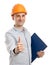 Positive manual worker shows thumbs up