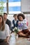 Positive, modern and  harmony  coworker meditating at workplace and visualization watering growing money