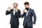 Positive morning. coffee break. Good morning. bearded men hold tea and coffee cup. businessmen in formal suit with drink