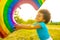 positive multicultural race little girl with afro curly hair holding rainbow balloon in summer park