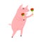 Positive pink pig standing and playing maracas