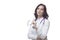 Positive Professional Confident Female GP Doctor Posing in Doctor\\\'s Smock Holding Glasses and Endoscope On White Background