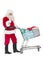 Positive santa delivering gifts with a trolley