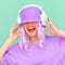 Positive smile Dj Girl in stylish headphones and bucket hats. Minimal monochrome pastel colours design trends